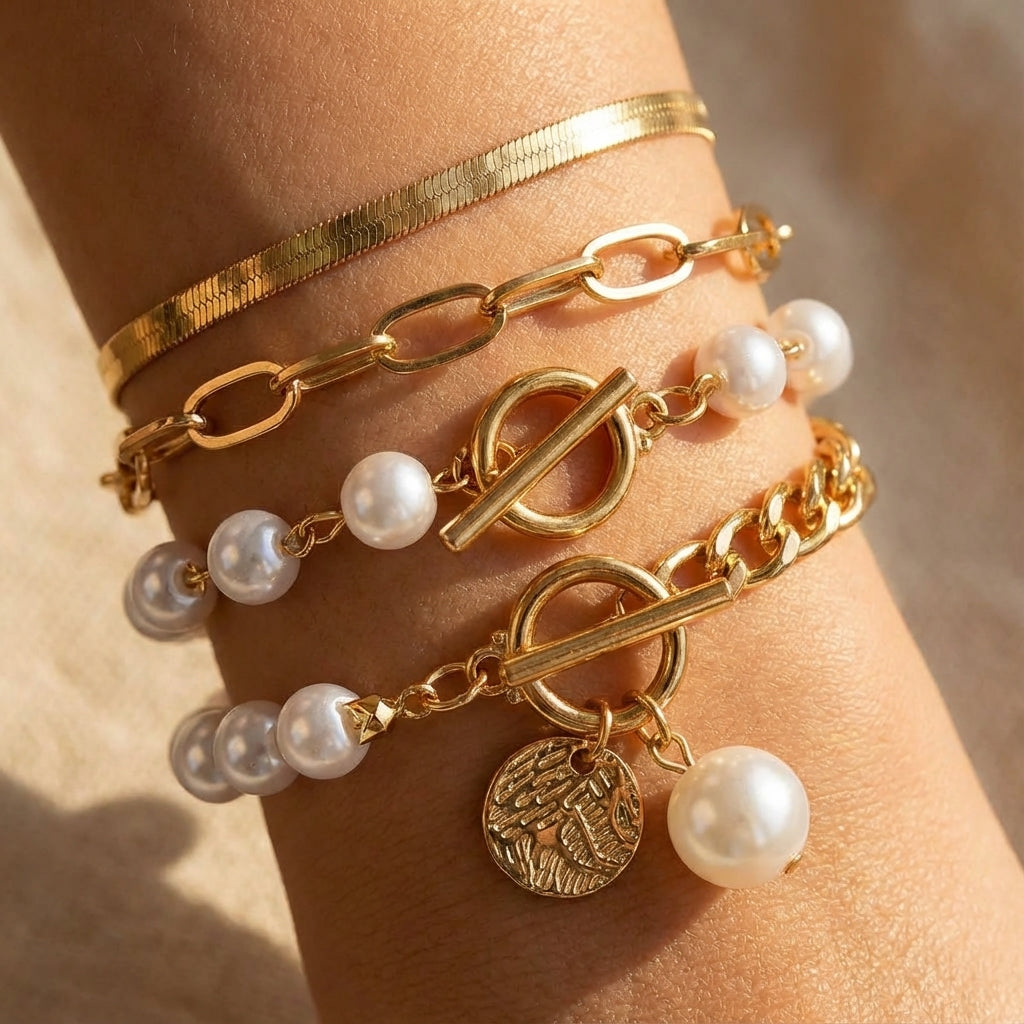 Luxe set gelaagde parelarmbanden