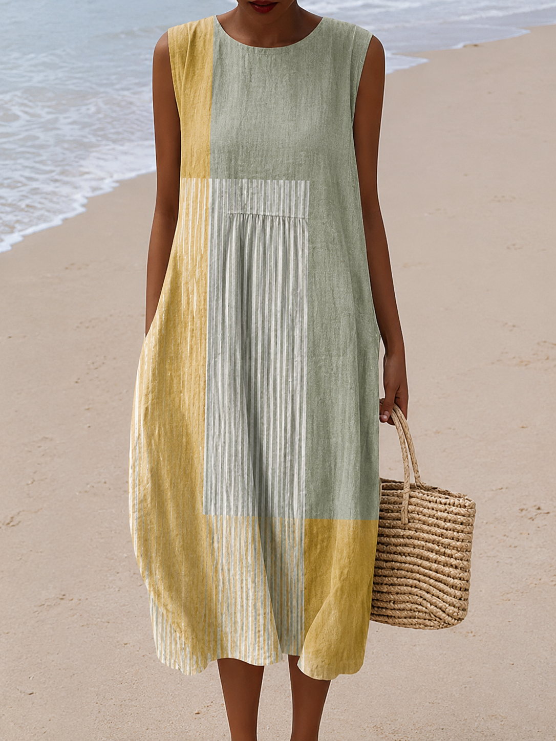 Roberta | Colourblock Mouwloze Midi Jurk