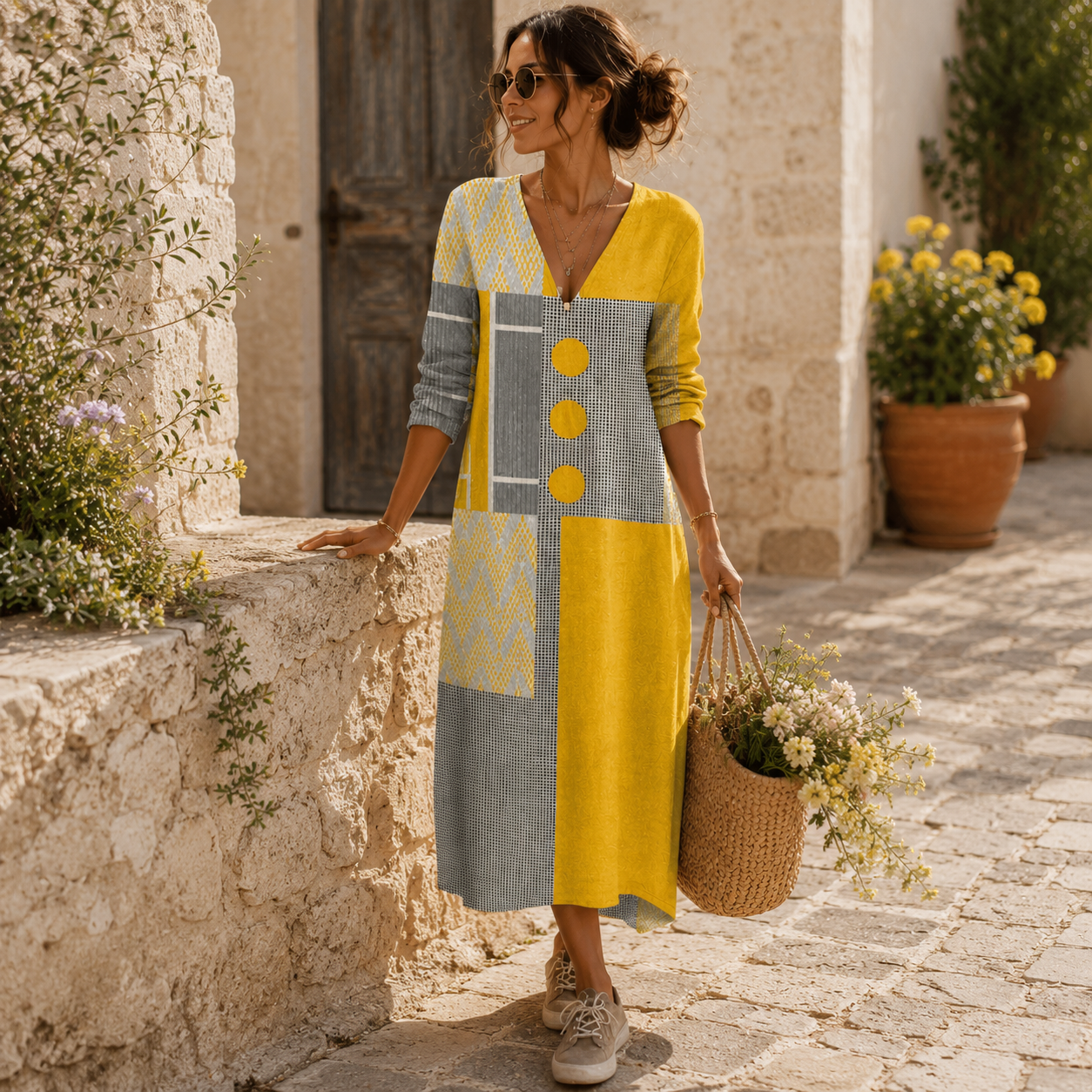 Rosalía | Lange jurk met knopen en kleurrijke print