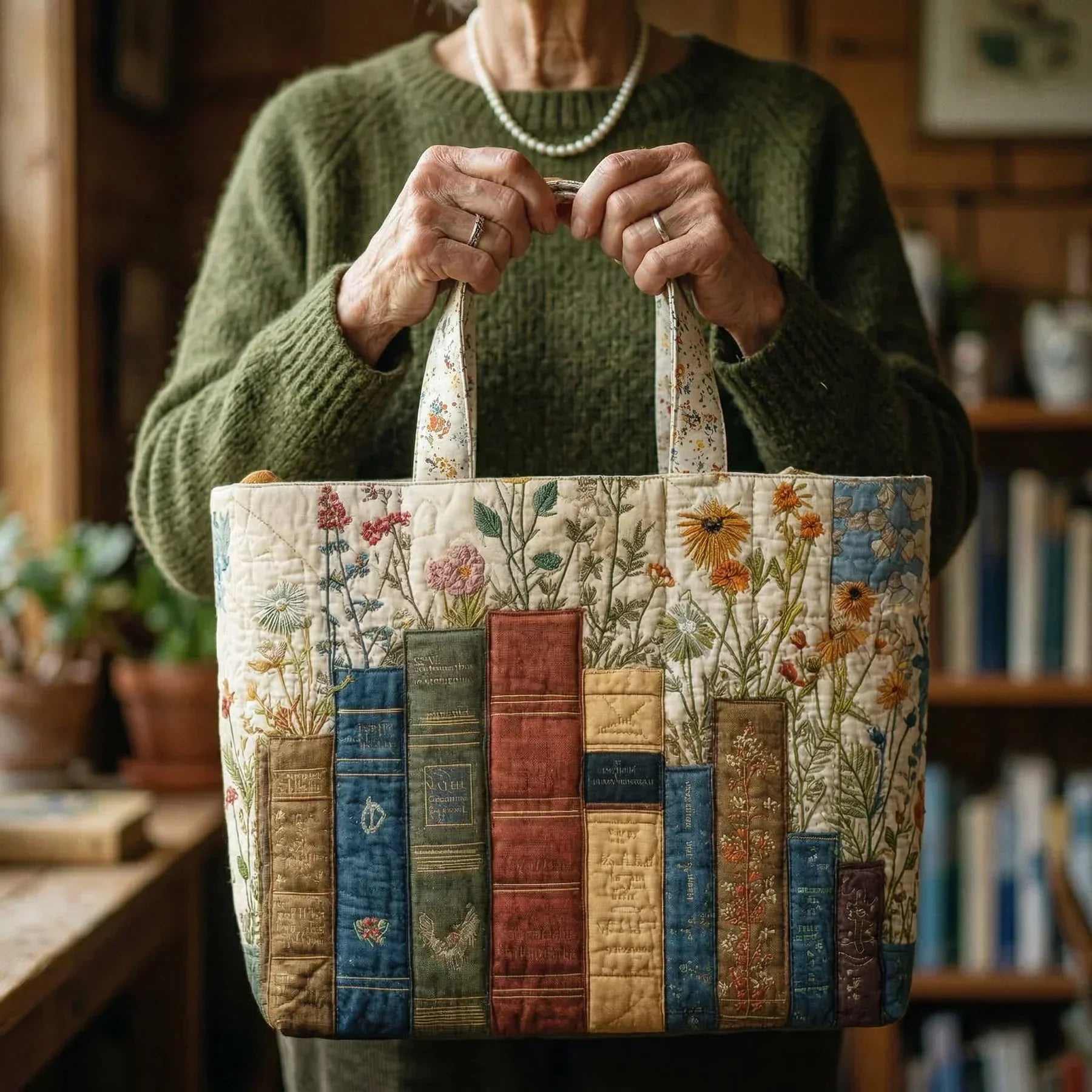 Ambachtelijke doorgestikte tas - Boeken en bloemen