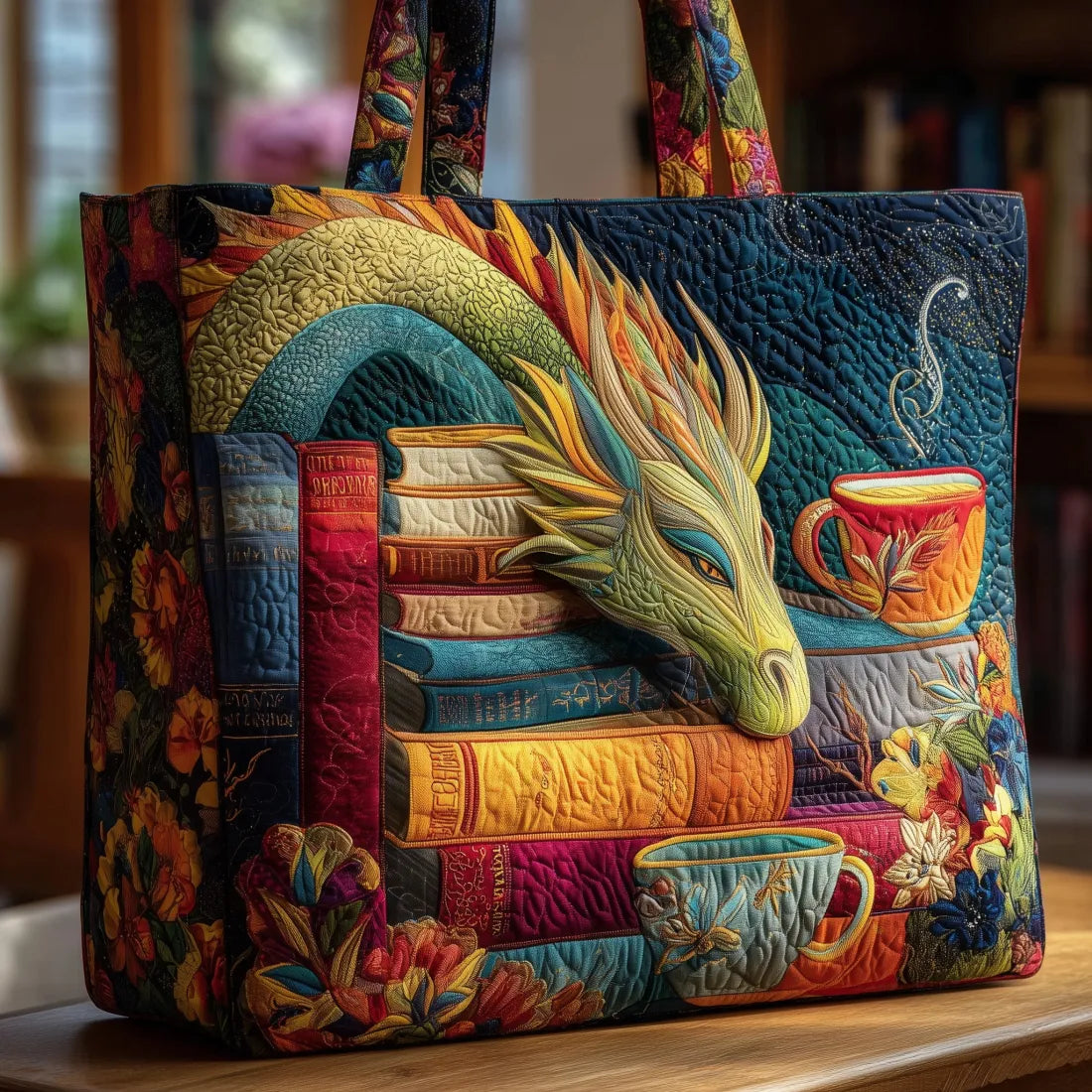 Ambachtelijke tas - Draak die boeken leest met kopjes