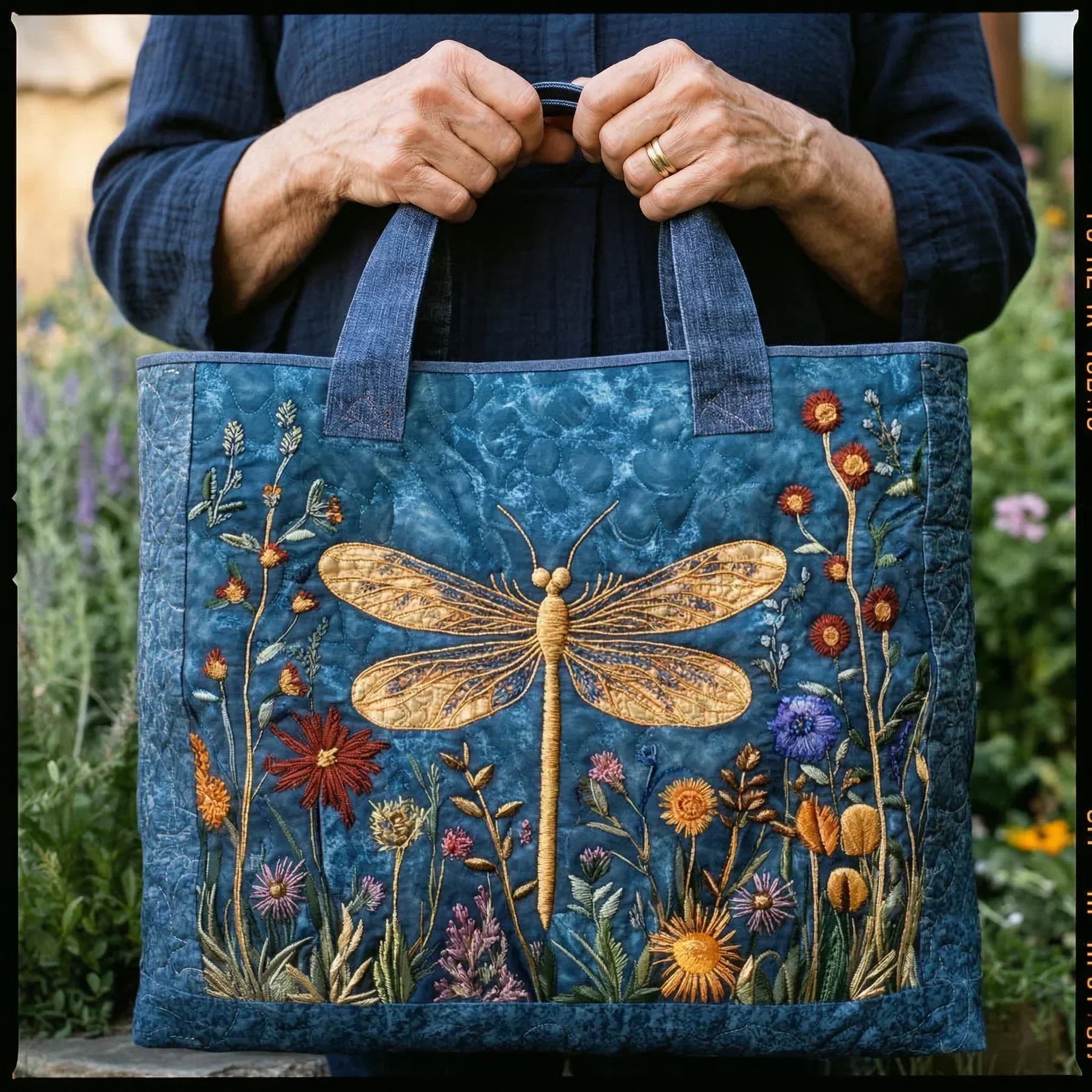 Doorgestikte tas - Gouden libelle
