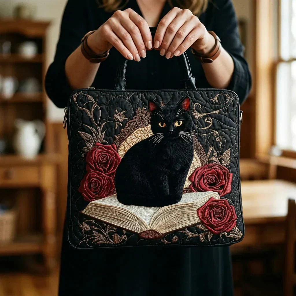 Ambachtelijke doorgestikte tas - Zwarte kat op boeken