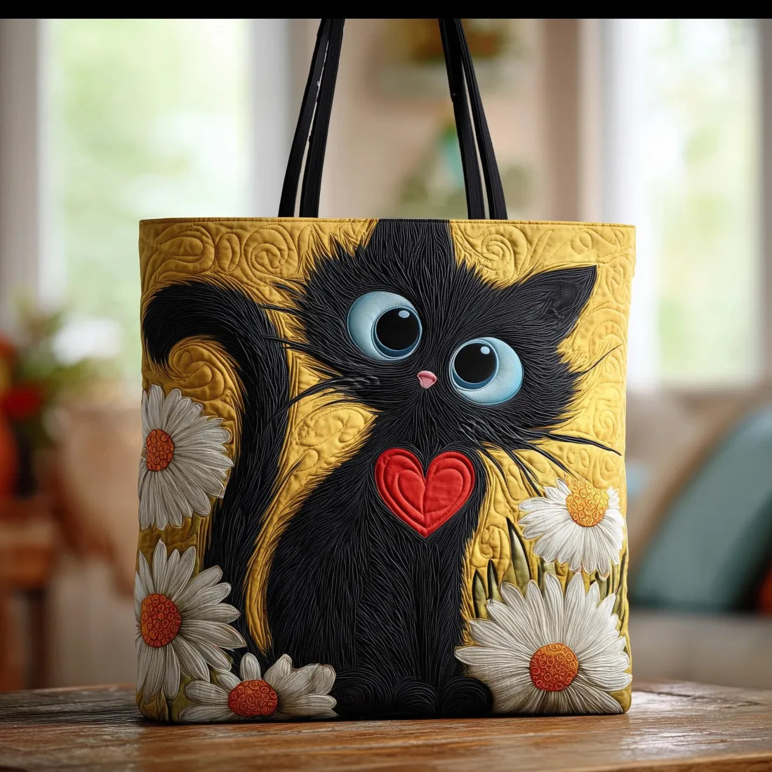 Ambachtelijke tas - Zwarte kat met madeliefjes