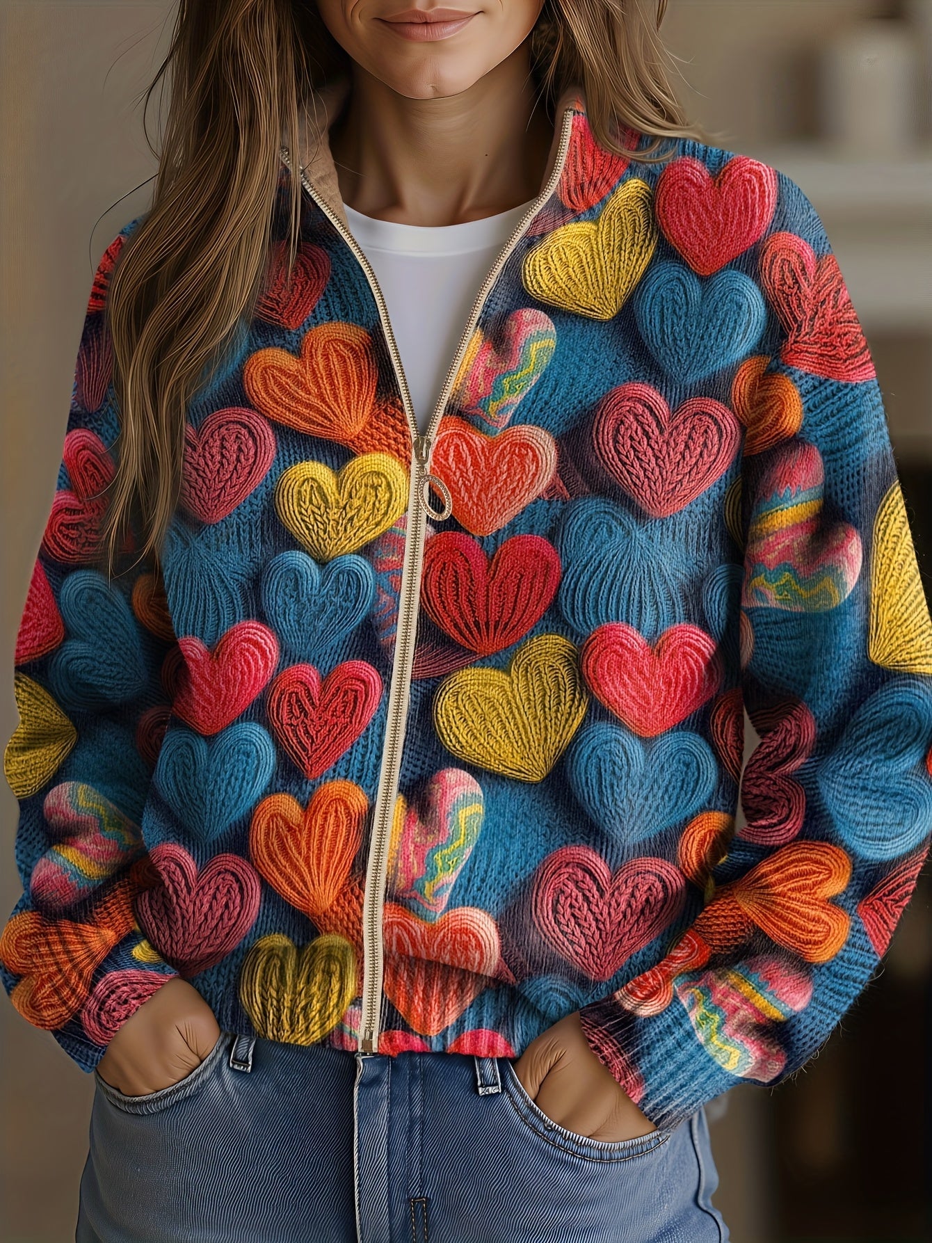 Valentine gebreid vest met meerkleurige hartjes