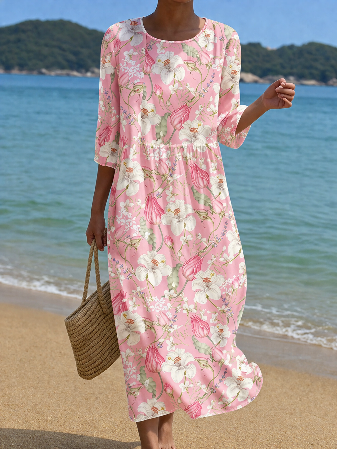 Veerle | Roze strandjurk met bloemenprint