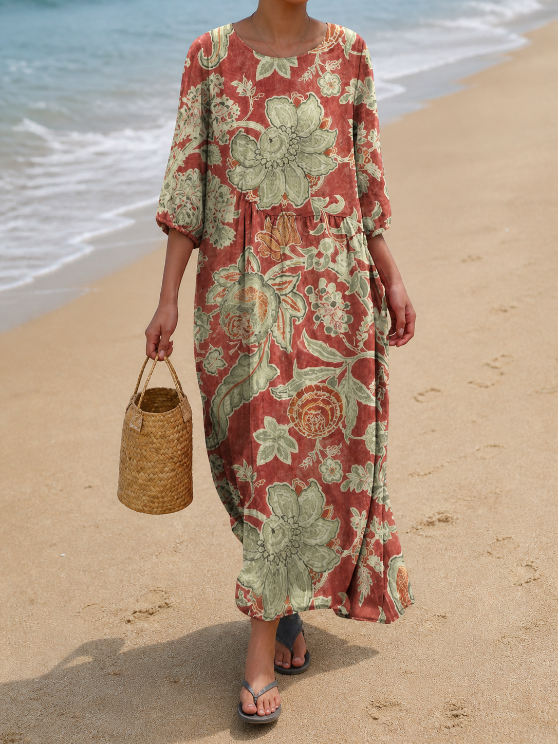 Wieke | Roestrode lange strandjurk met bloemenprint