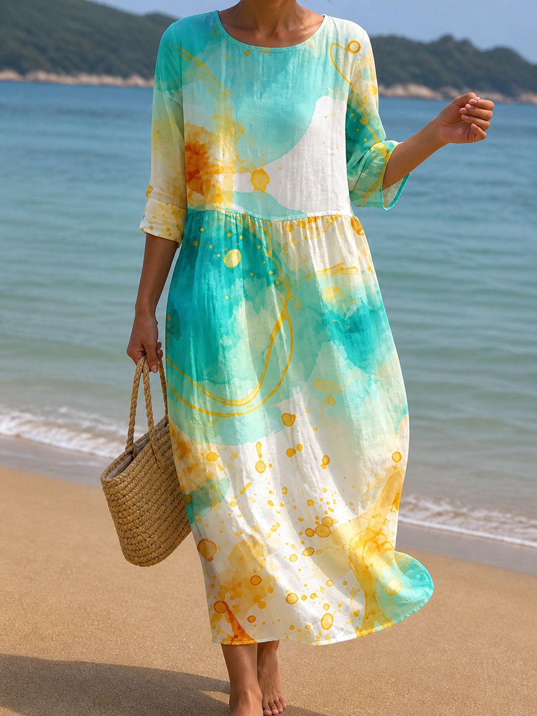 Wietske | Aquablauwe strandjurk met aquarelprint