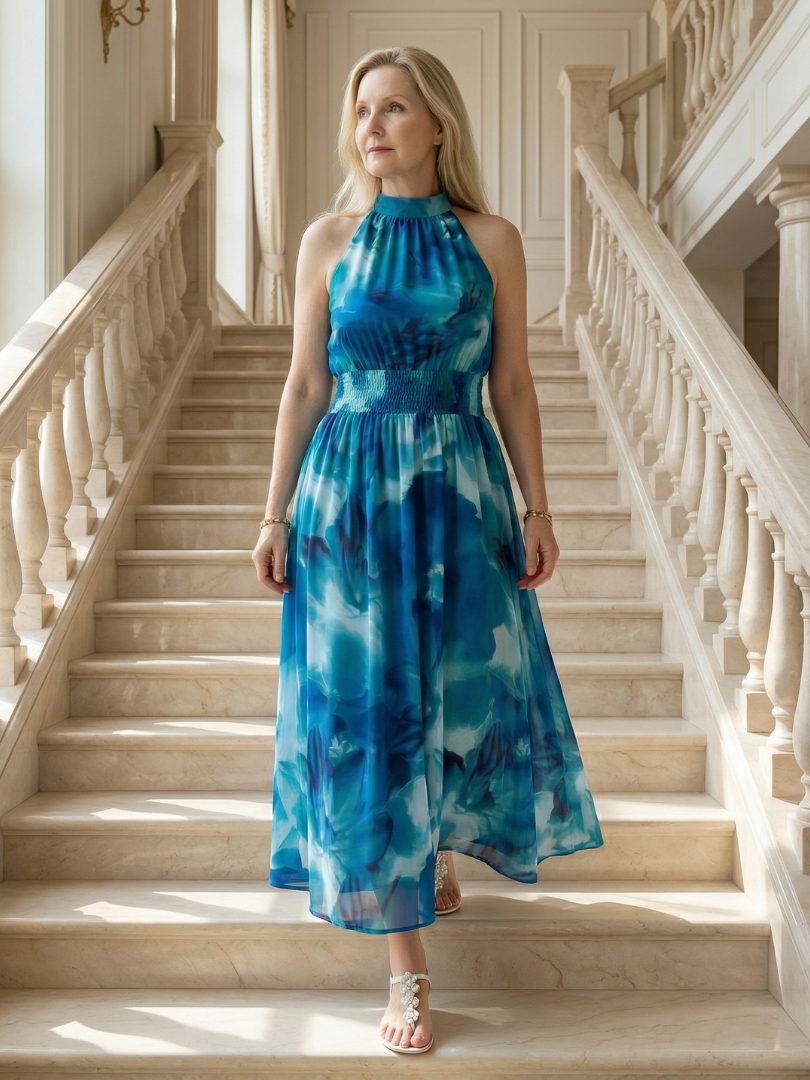 Sylin halter midi-jurk met gerimpelde taille