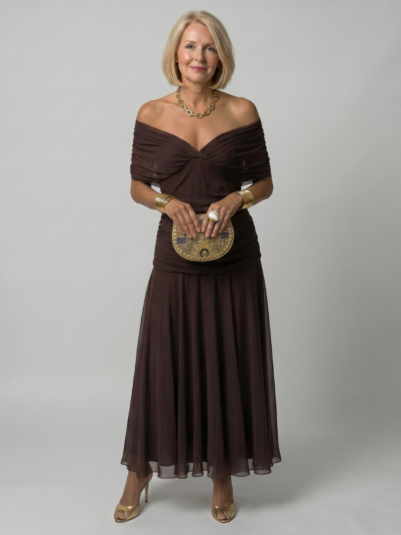 Calen off-shoulder midi-jurk