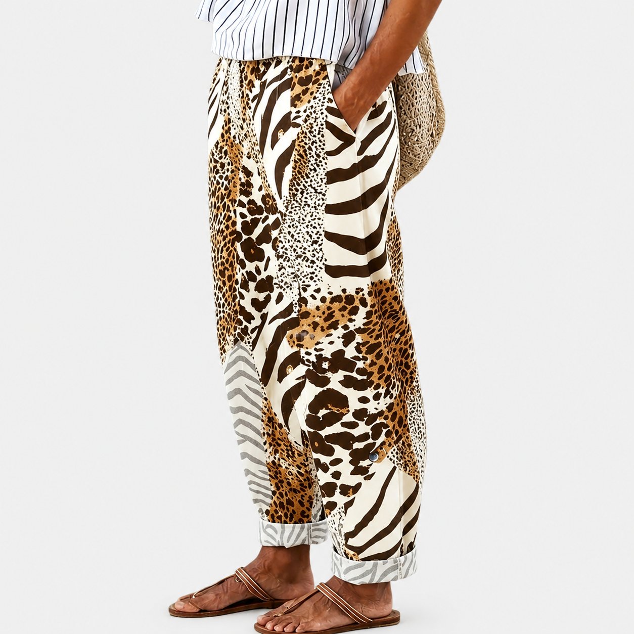 Comfortbroek met zebra- en luipaardprint