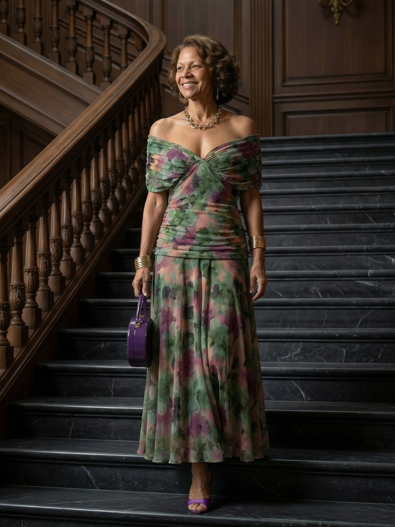 Calen | Off Shoulder Flow Midi Jurken