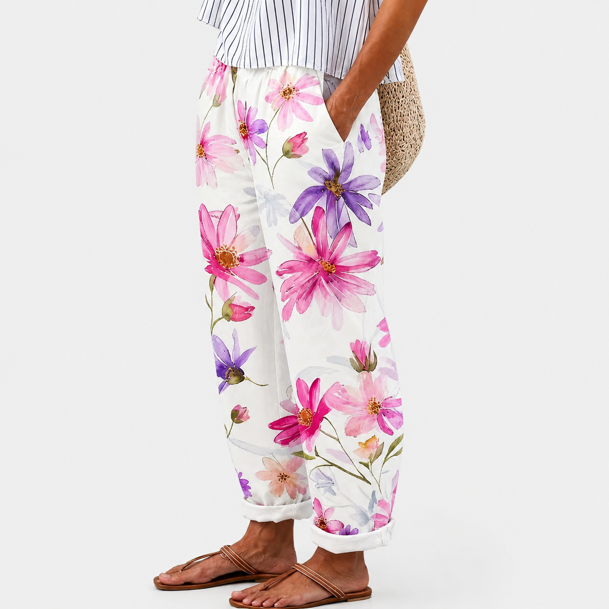 Comfortbroek met roze en lila bloemenprint
