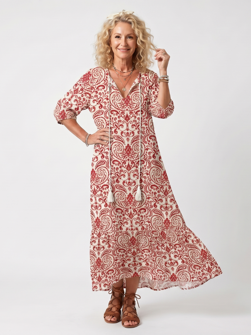Margje lange jurk met ornamentprint in rood