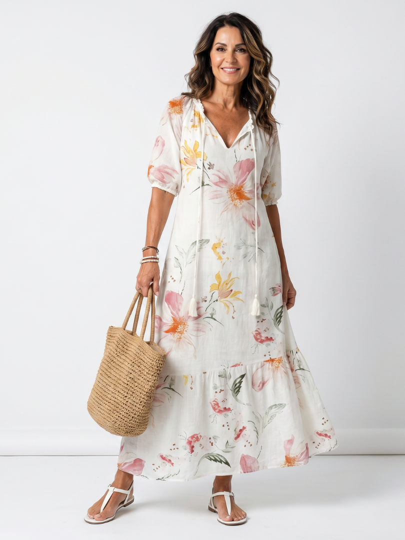 Mariska lange jurk met bloemenprint op wit