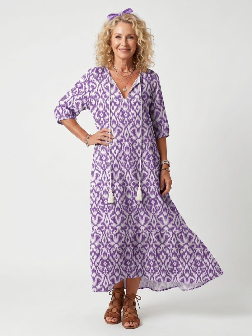 Marrie lange jurk met motiefprint in paars