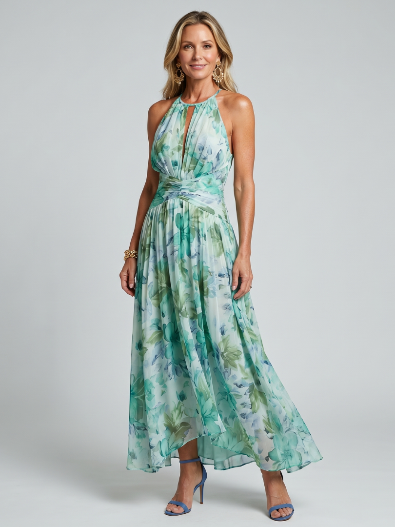 Portia geplooide halter midi-jurk met bloemenprint