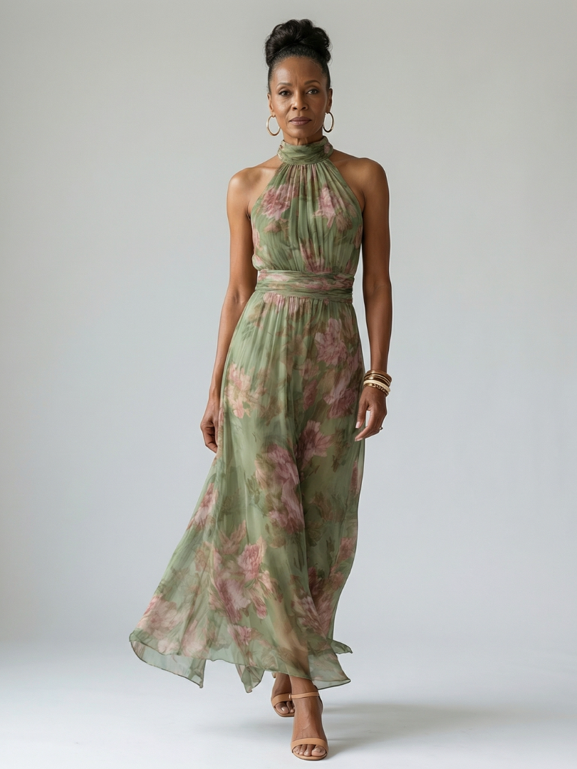 Mirelle halter midi-jurk met gerimpeld lijfje