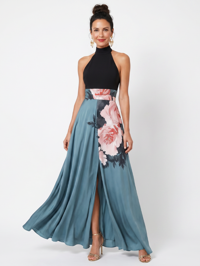 Olympas halter maxi-jurk met bloemenrok