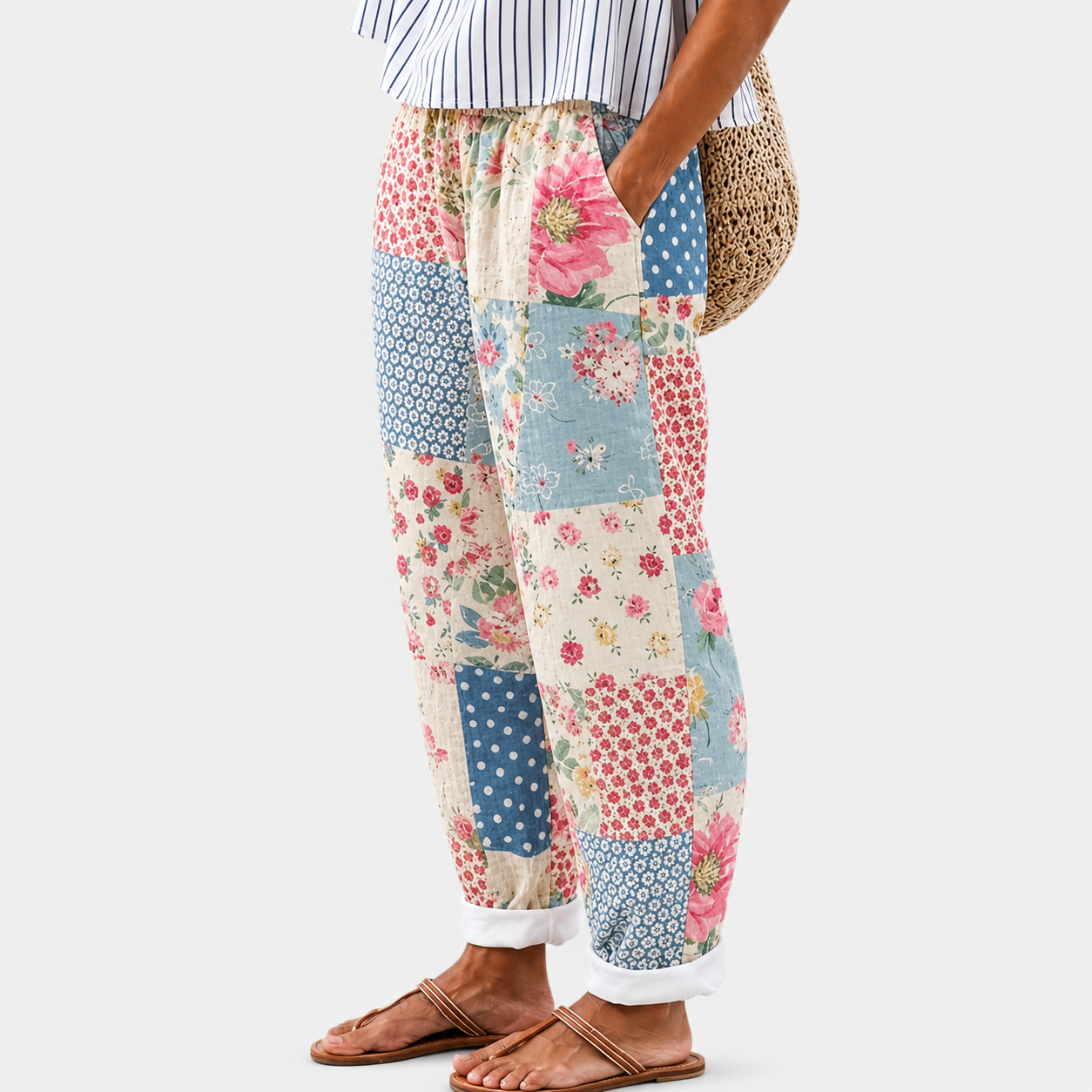 Comfortbroek met vintage patchworkprint