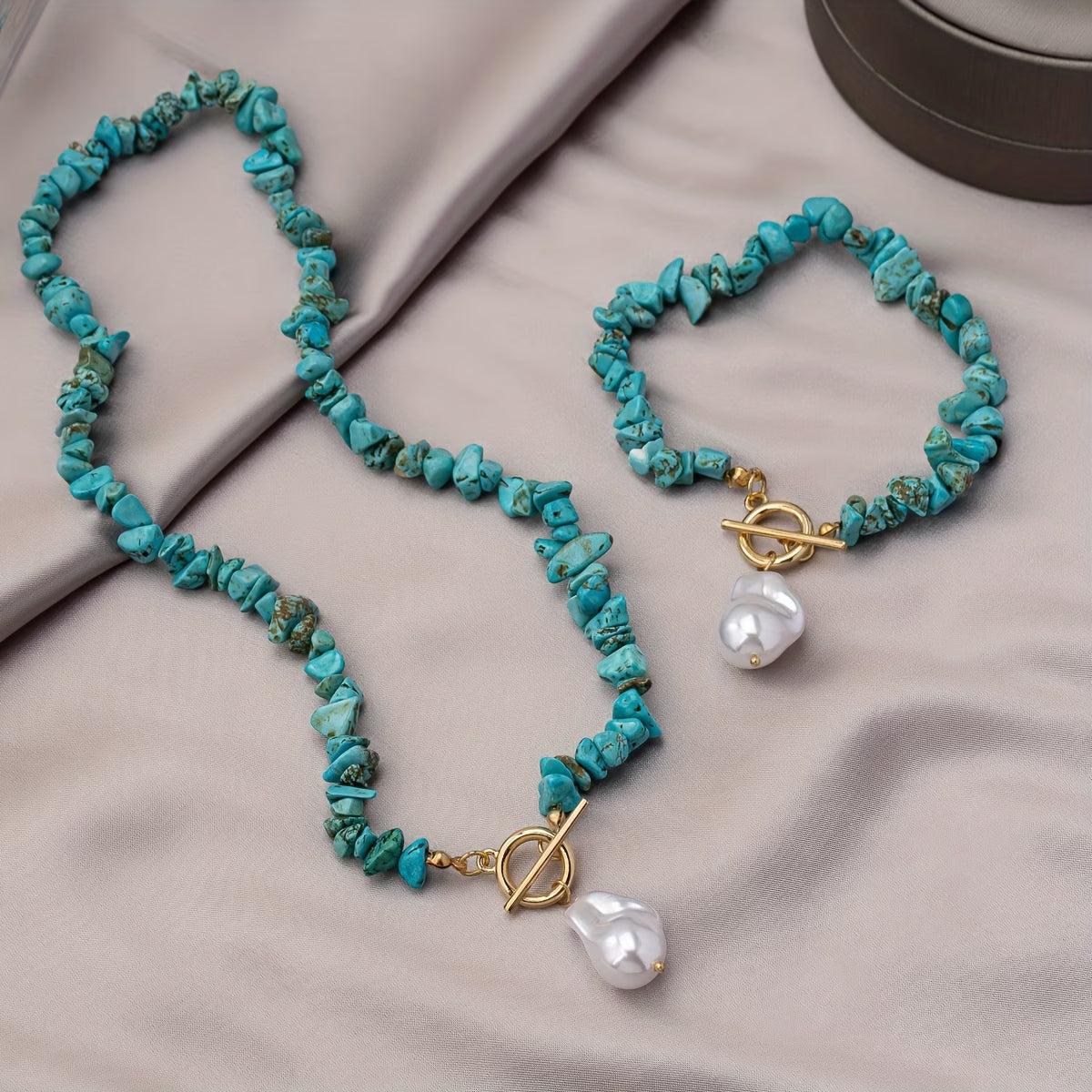 Set ketting en armband met turkoois en parel