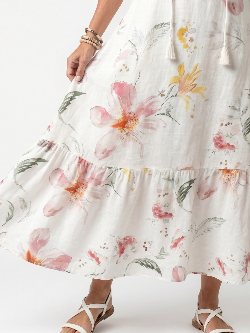 Mariska lange jurk met bloemenprint op wit