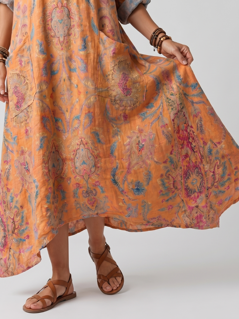 Jeltsje lange jurk met paisleyprint en zakken