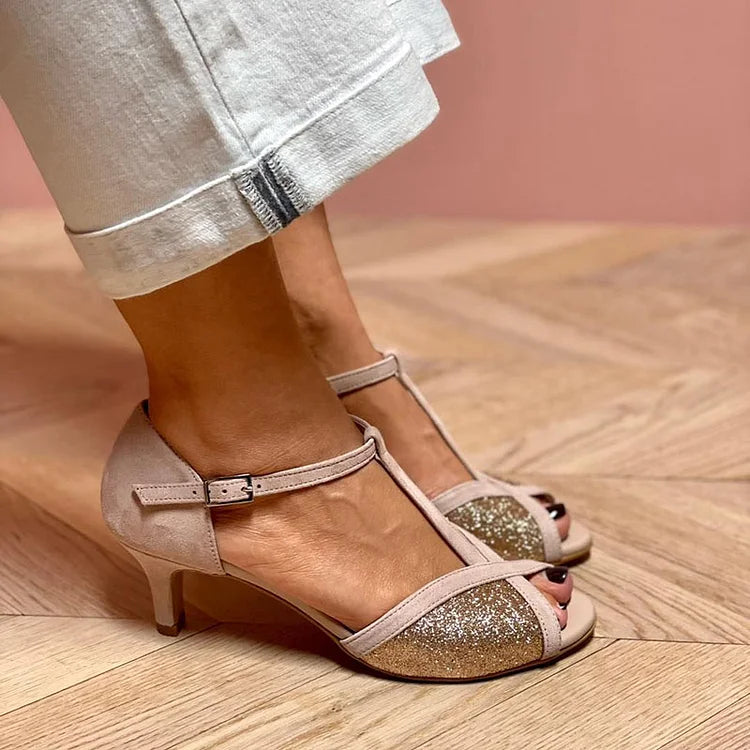 Glittersandalen met lage hak
