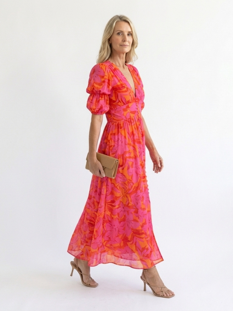 Willow | Bloemrijke V-Hals Midi Jurk met Puff Mouwen