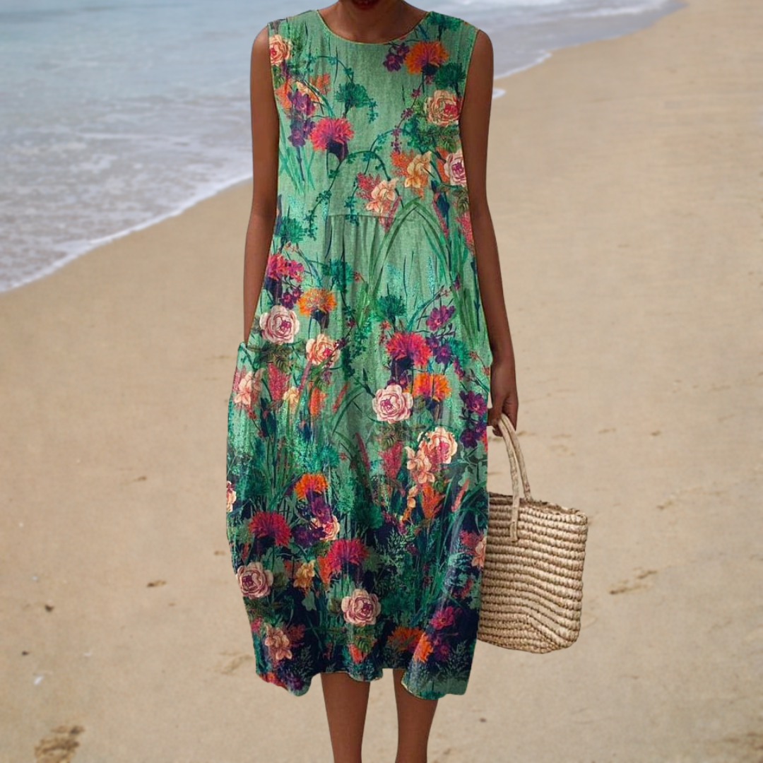 Katrien mouwloze jurk met rode bloemen