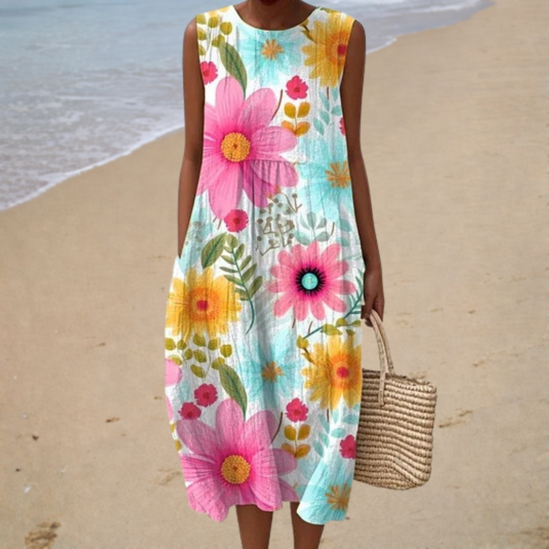 Netty mouwloze jurk met grote bloemen