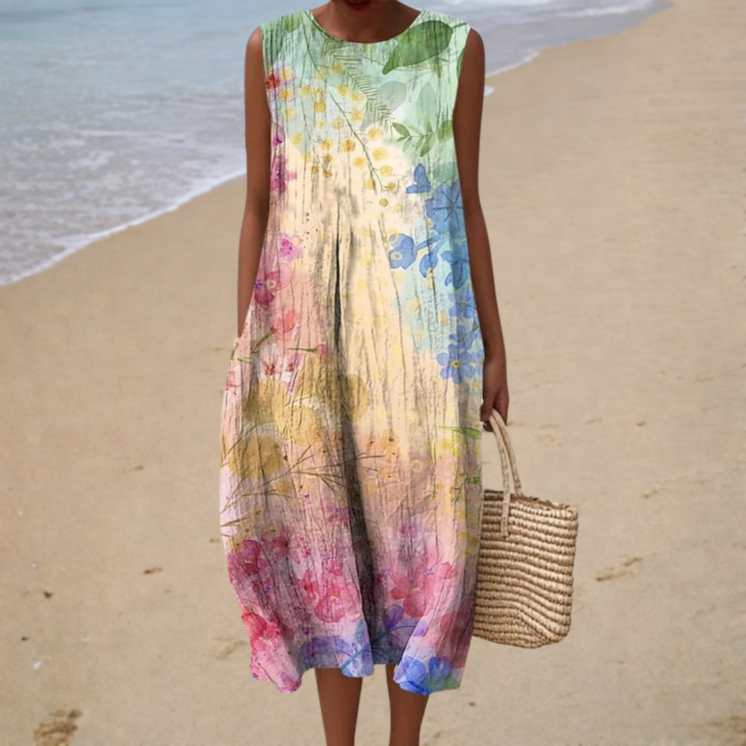 Femmie mouwloze jurk met aquarelbloemen