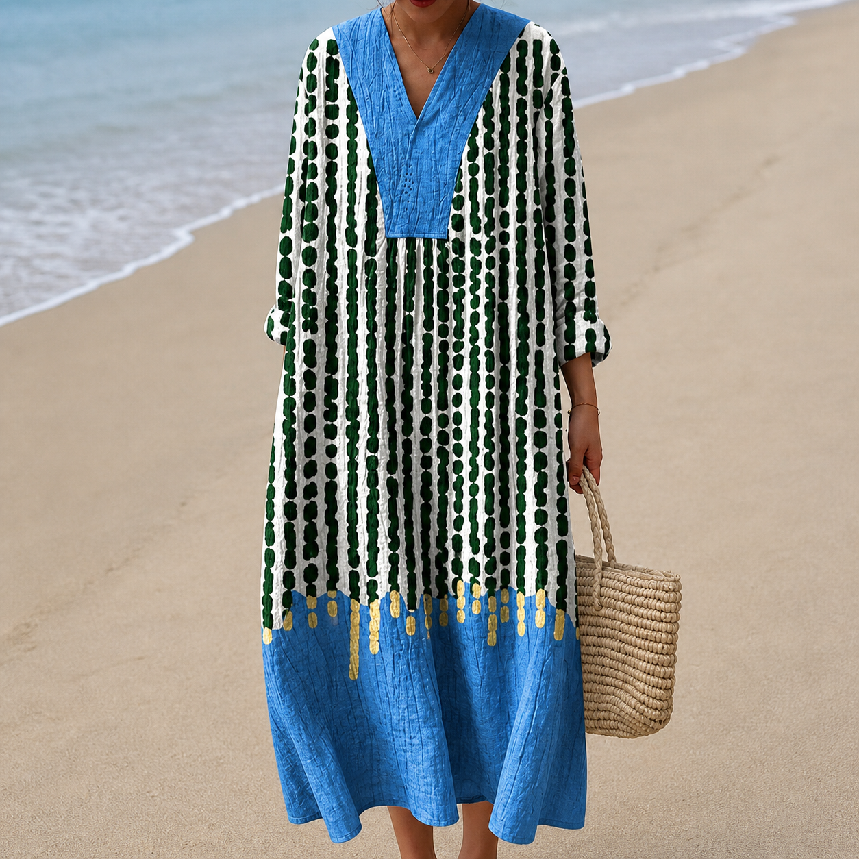 Drika jurk met stippenstreep en blauwe zoom
