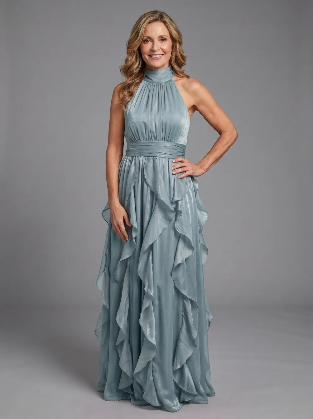 Orea maxi-jurk met hoge hals en ruchelagen