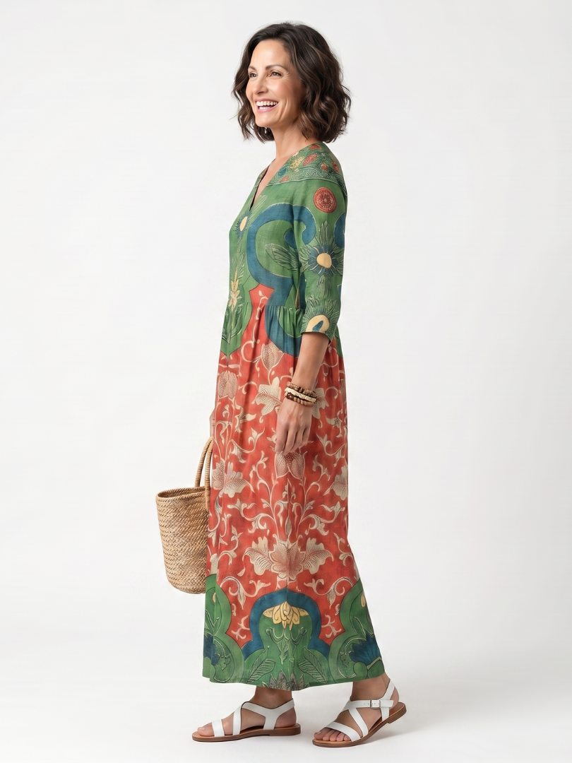 Joke lange jurk met bloemenprint in groen en rood
