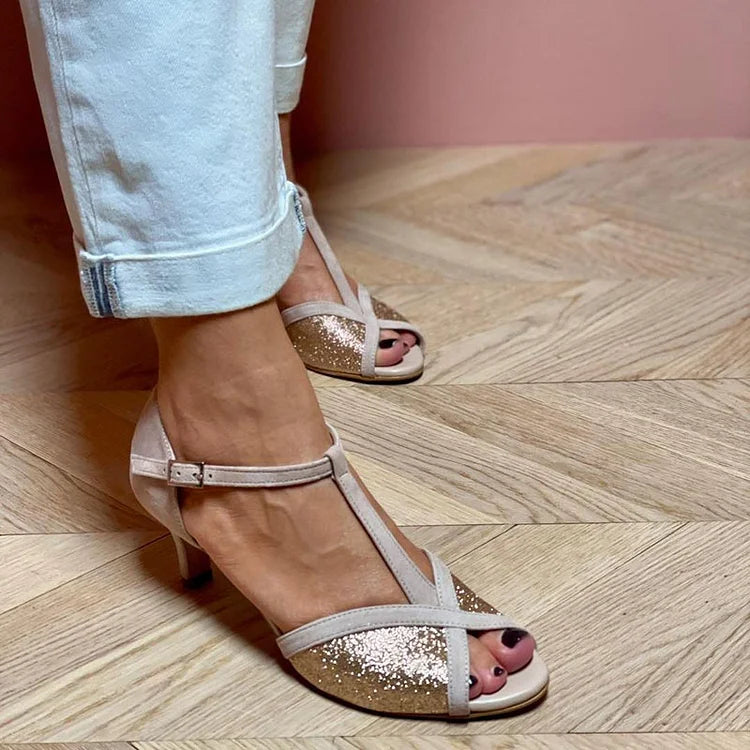 Glittersandalen met lage hak