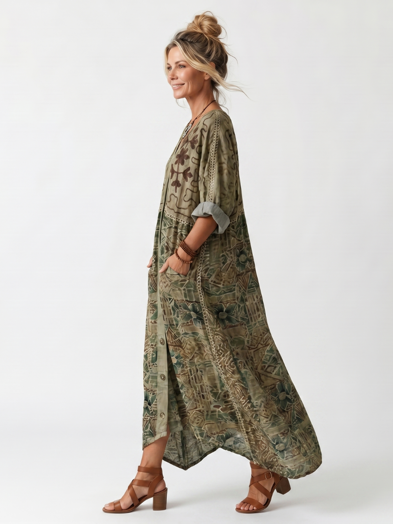 Jikke lange jurk met knoopsluiting en borduursel