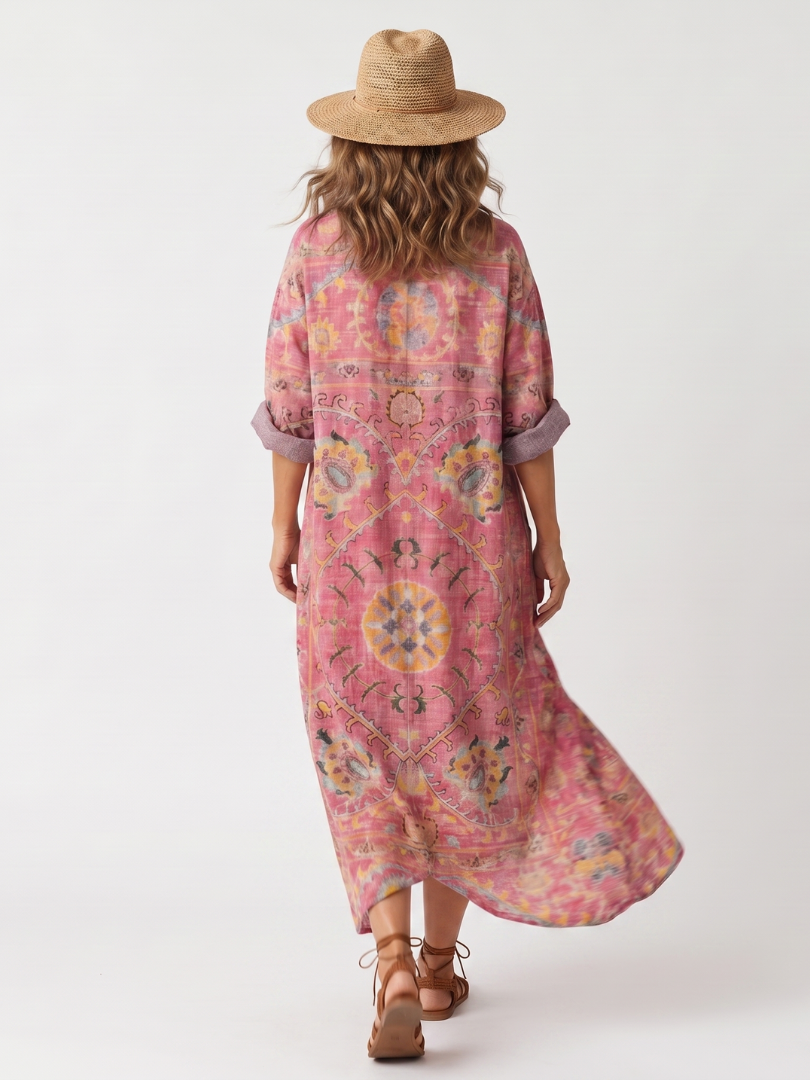 Maartsje lange jurk met abstracte print in roze