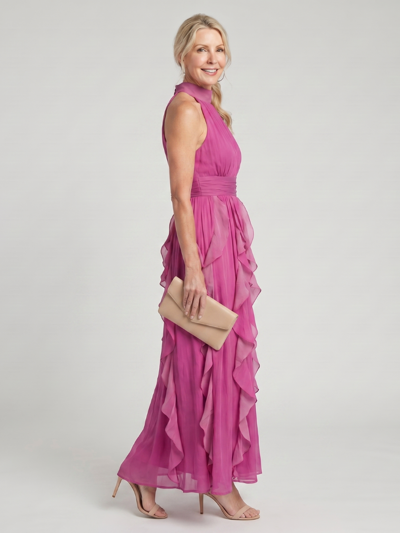 Orea | Maxi-jurk met hoge hals en geplooide ruffles