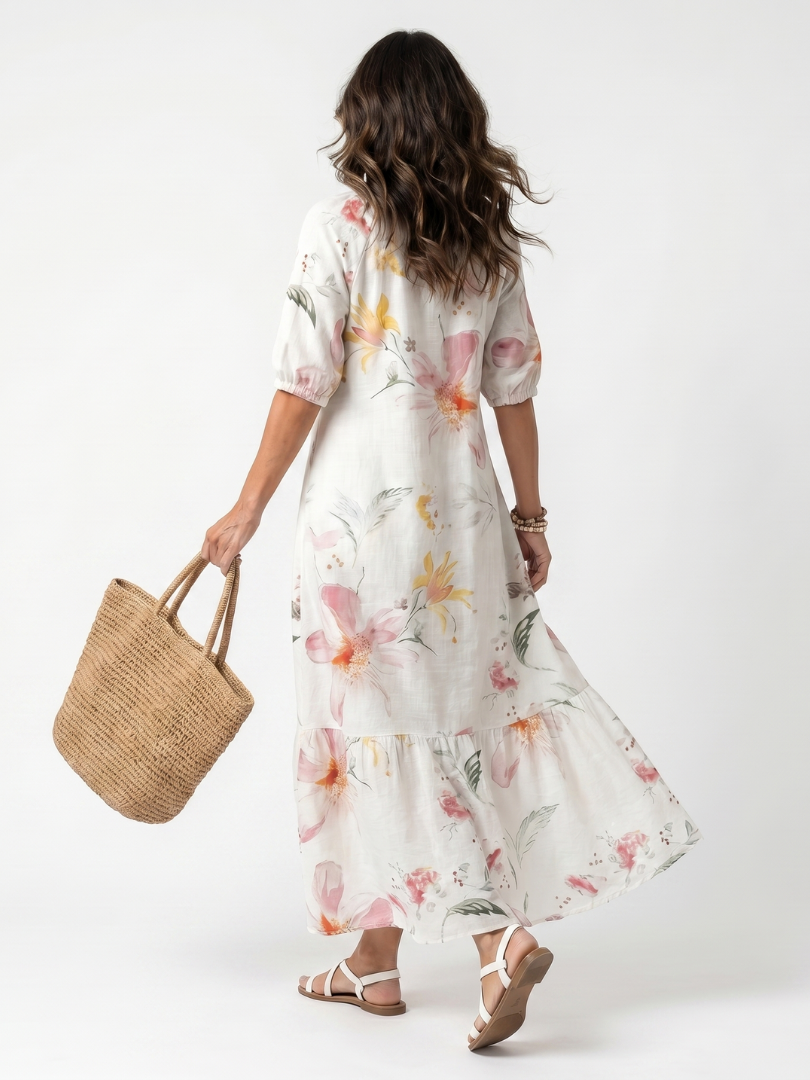 Mariska lange jurk met bloemenprint op wit