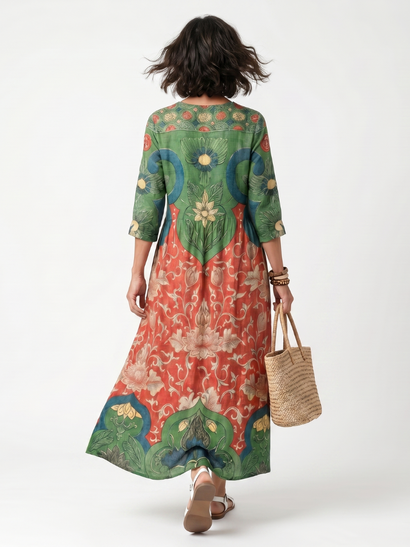 Joke lange jurk met bloemenprint in groen en rood