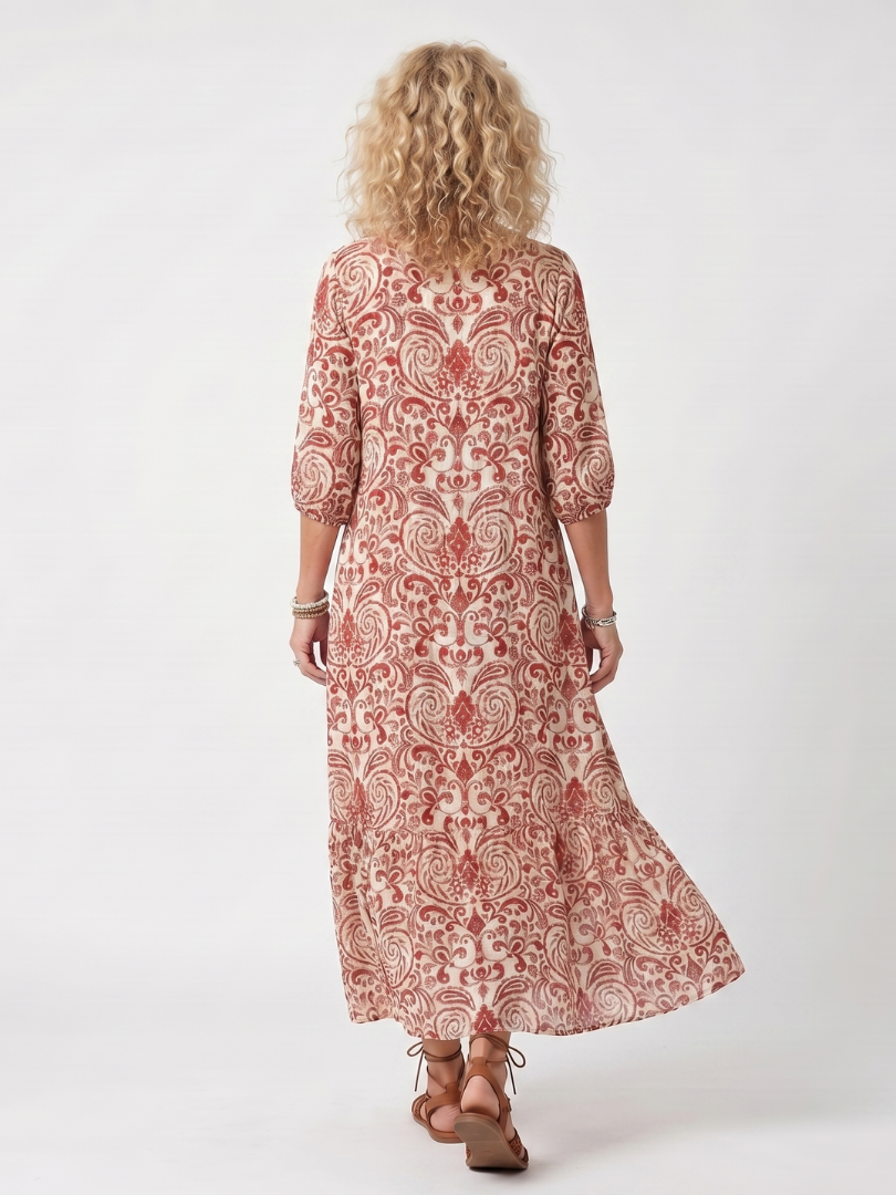 Margje lange jurk met ornamentprint in rood
