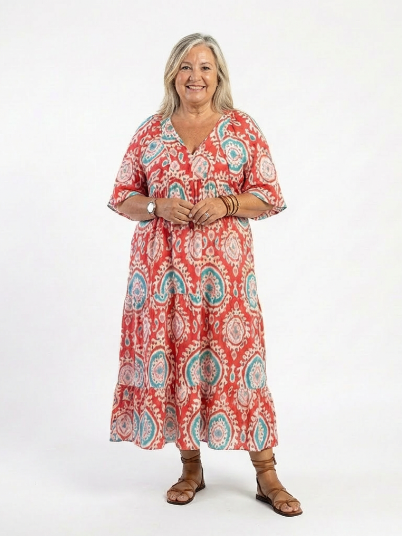 Lokke lange jurk met paisleyprint in rood
