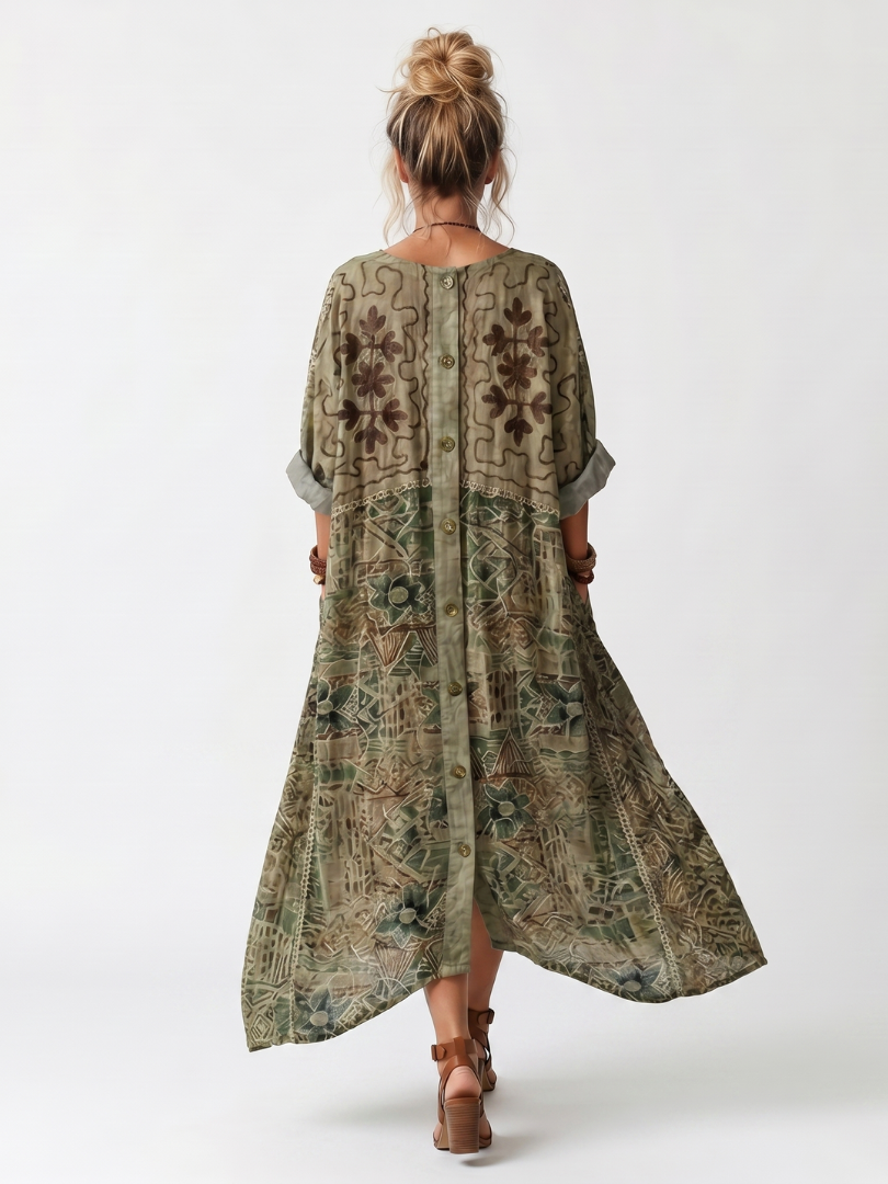 Jikke lange jurk met knoopsluiting en borduursel