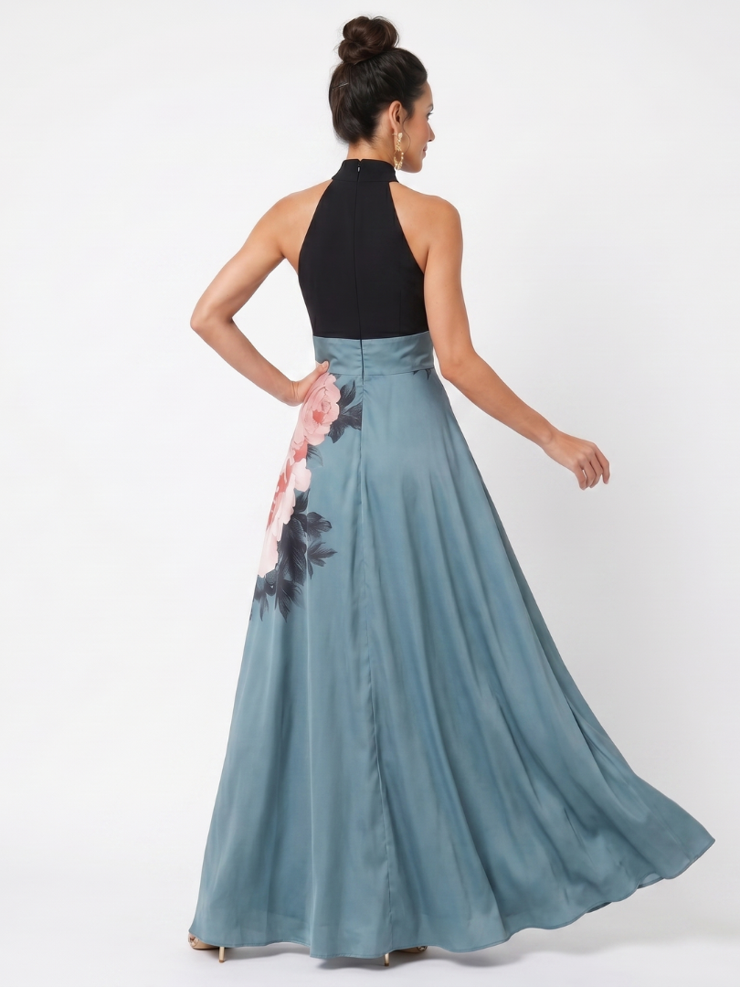 Olympas halter maxi-jurk met bloemenrok