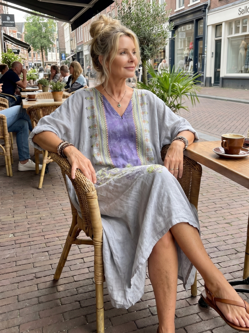 Jenne lange jurk met contrastpanelen en zakken