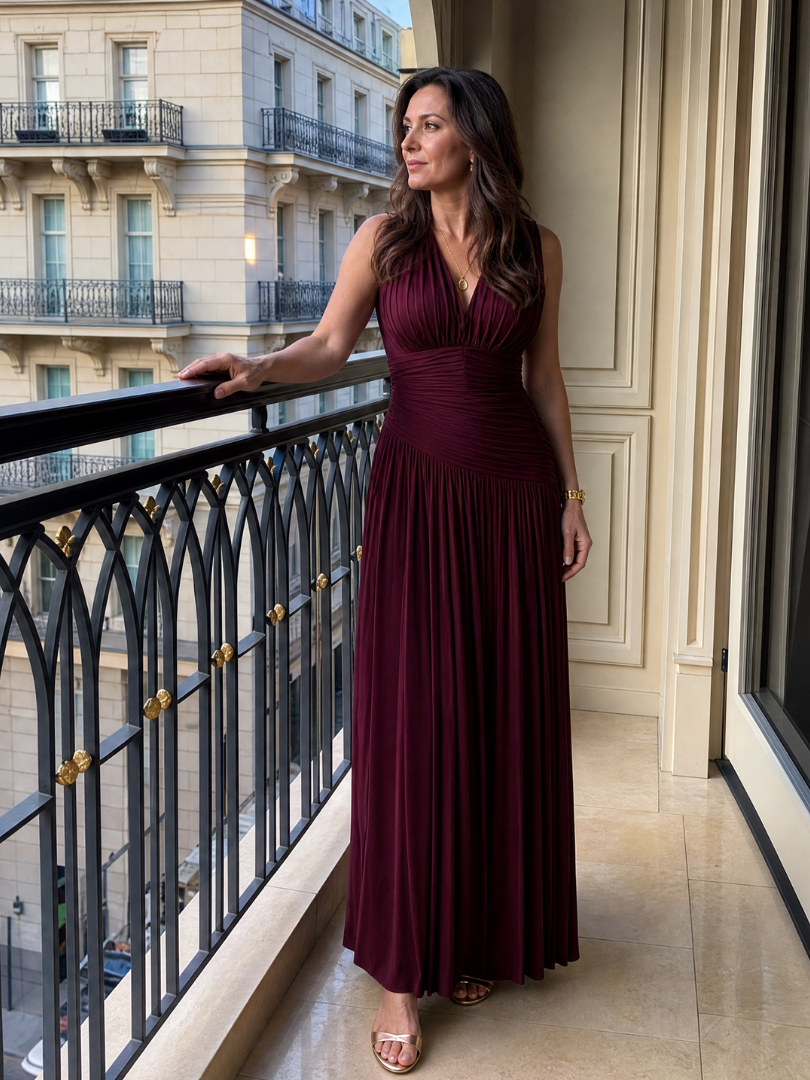 Lemar mouwloze plissé midi-jurk met V-hals