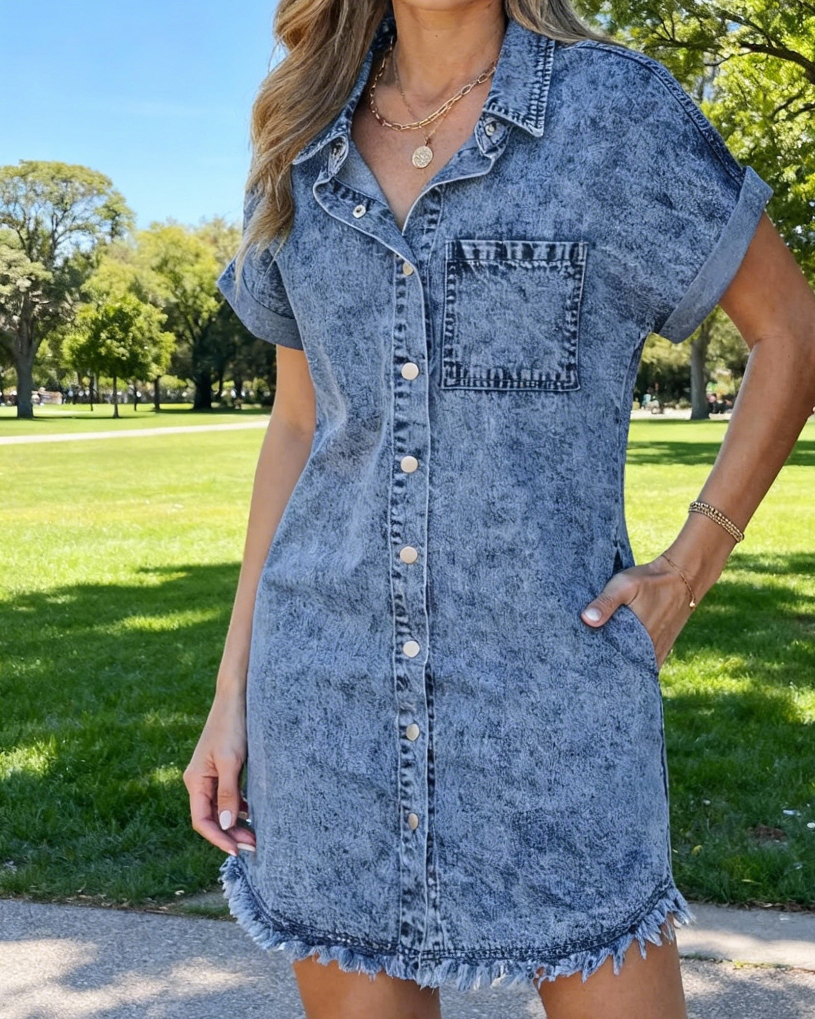 Kaelia | Denim blousejurk met rafelzoom