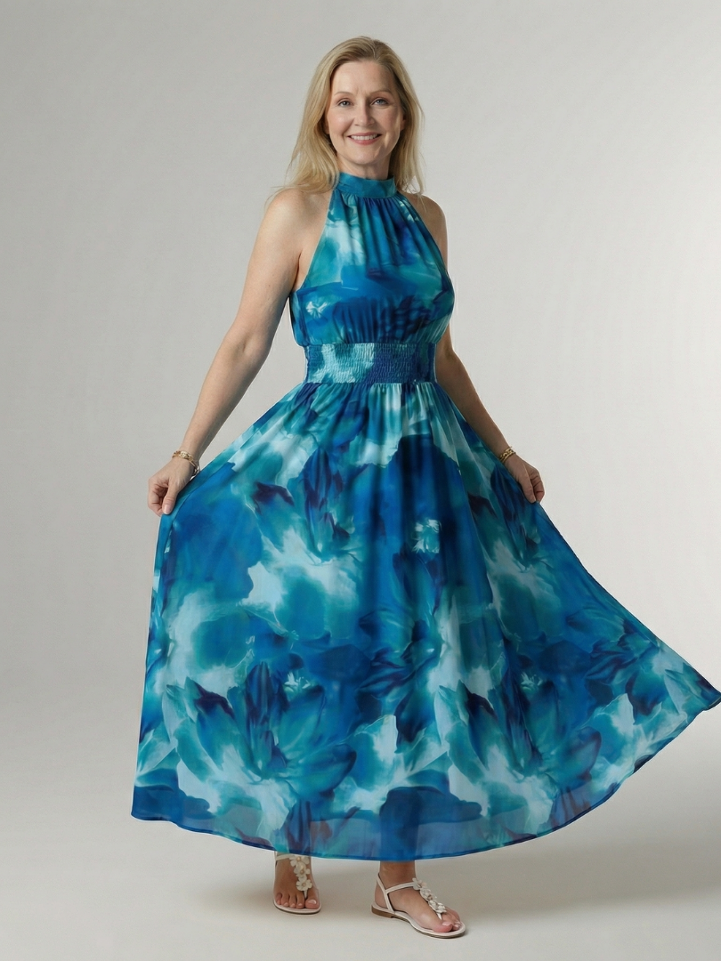 Sylin halter midi-jurk met gerimpelde taille