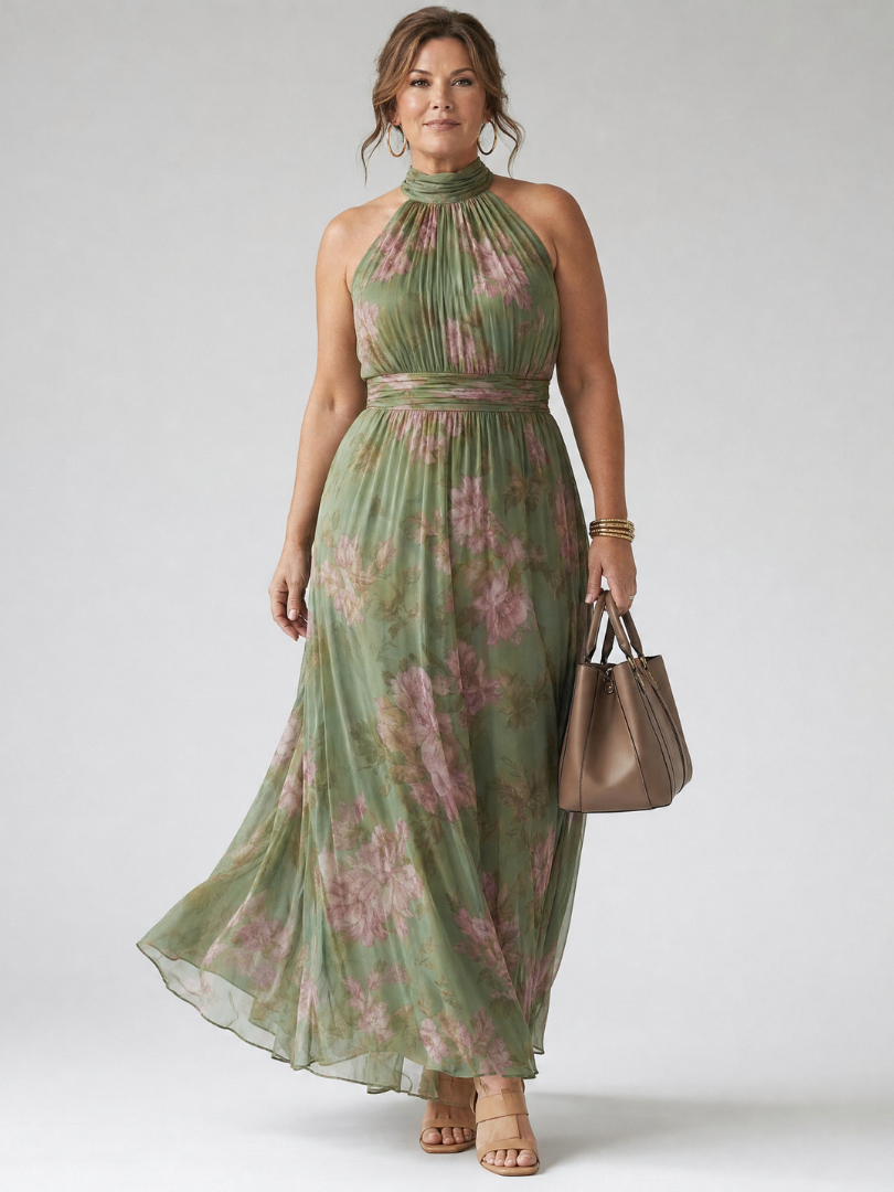 Mirelle halter midi-jurk met gerimpeld lijfje
